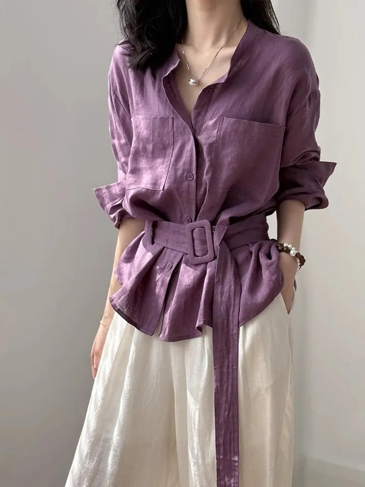 Women Electronic Accessories - Vintage Belt Cotton Linen Shirt Women
