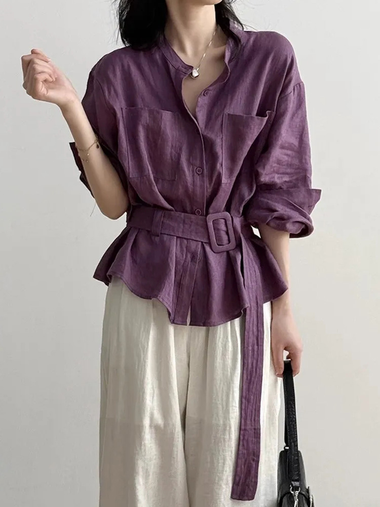 Vintage Belt Cotton Linen Shir - Women Electronic Accessories のレビューと価格