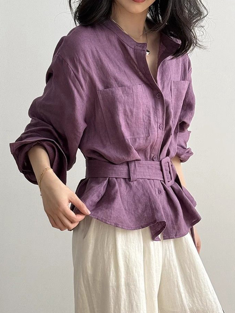 Vintage Belt Cotton Linen Shir - Women Electronic Accessories のレビューと価格
