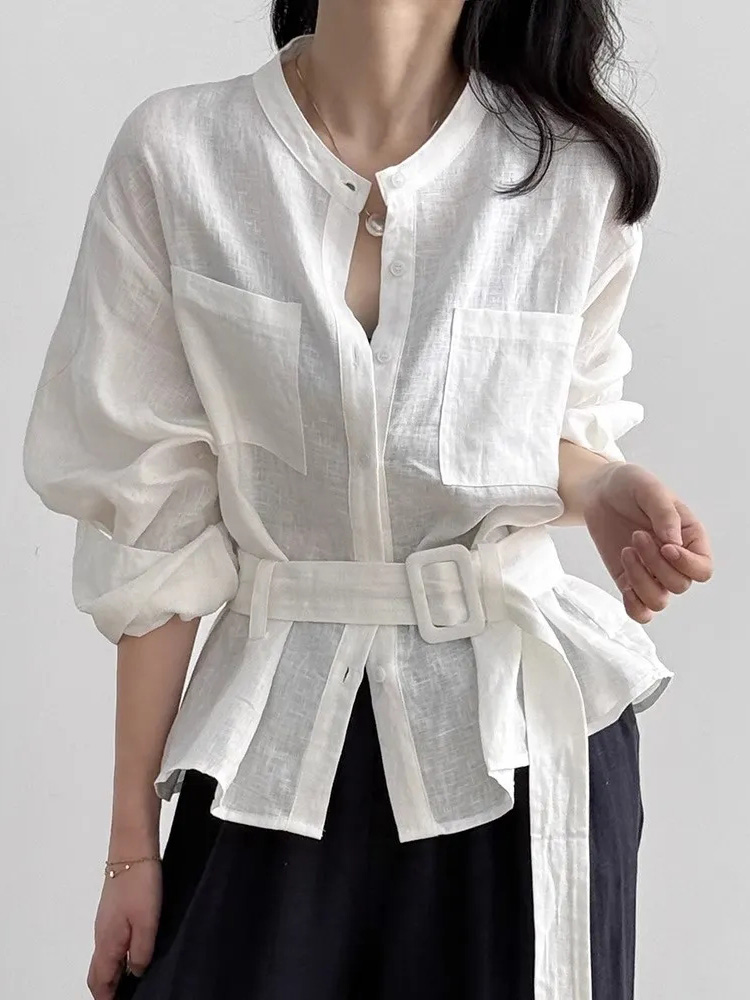 Vintage Belt Cotton Linen Shir - Women Electronic Accessories のレビューと価格